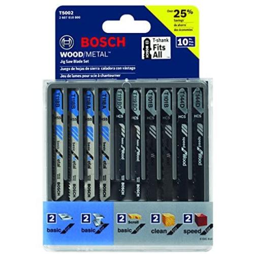 Bosch T-Shank Multi-Purpose Jigsaw Blades, 10 Piece, Assorted, Jig Saw Blade Set For Cutting Wood And Metal (T5002)