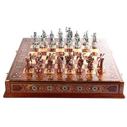 GiftHome Metal Chess Set for Adult Historical Antique Copper Rome Figures Handmade Pieces and Natural Solid Wooden Chess Board with Original Pearl Around Board and Storage Inside King 4 inc