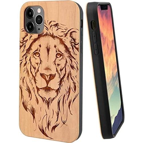 iProductsUS Wood Phone Case Compatible with iPhone 11, Cool Lion Engraved in USA, Metal Plate Built-in, TPU Bumper Protective Cover (6.1 inch)