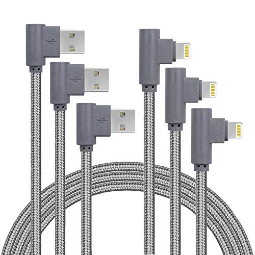 10FT 3 Pack Lightning Cable iPhone Charger Cord 90 Degree Fast Data Cable Nylon Braided Compatible with iPhone Xs Max/XS/XR/7/7Plus/X/8/8Plus/6S/6S Plus/SE (Gray, 10FT)