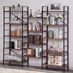 SUPERJARE Triple Wide 5-Tier Bookshelf, Rustic Industrial Style Book Shelf, Wood and Metal Bookcase Furniture for Home & Office - Rustic Brown