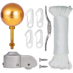 Sunocity 3'' Gold Ball Topper + 50FT Halyard Rope + 6'' Cleat 4 PCS Swivel Snap Hooks + Flagpole Pulley Truck for 2'' OD Flag Pole Parts Repair Kit, Silver