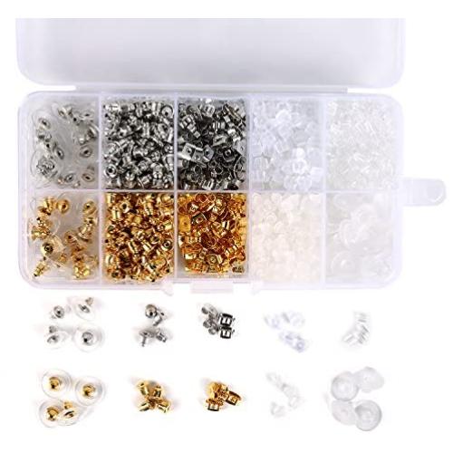 1040pcs Earring Backs, BetyBedy 10 Styles Earring Backings Kit, Metal Plastic Rubber Earring Back Clips Bullet Butterfly Flower Shape