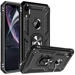iPhone XR Case with HD Screen Protector, Gritup 360 Degree Rotating Metal Ring Holder Kickstand Armor Anti-Scratch Bracket Cover Case for Apple iPhone XR 6.1 inch Black