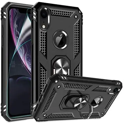 iPhone XR Case with HD Screen Protector, Gritup 360 Degree Rotating Metal Ring Holder Kickstand Armor Anti-Scratch Bracket Cover Case for Apple iPhone XR 6.1 inch Black