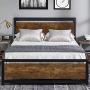 AMERLIFE Queen Size Bed Frame with Wood Headboard - Metal Platform Bed with Industrial Footboard - Heavy Duty Steel Mattress Foundation/ 4 U-Shaped Support Frames/Rustic Country Style/Easy Assembly