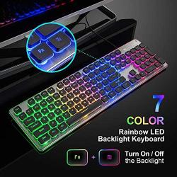 LANGTU Membrane Gaming Keyboard, Colorful LED Backlit Quiet Keyboard for Study, All-Metal Panel USB Wired 25 Keys Anti-ghosting Computer Keyboard 104 Keys - L1 Black/Silver