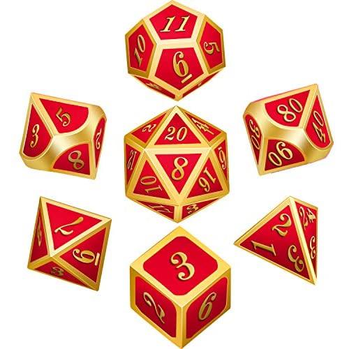 Bememo Polyhedral Metal Dices Set Zinc Alloy with Enamel Solid Metal for DND Game, Tabletop RPG, Dungeons and Dragons, Math Teaching, 7 Pieces Dice Set with Black Velvet Bag (Golden Red)