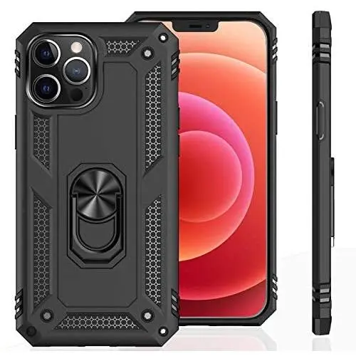 UNKNOK Compatible with iPhone 12 Pro Max 5G Case, [Military Grade ] 15ft Drop Tested Shockproof Protective, Metal Rotating Magnetic Ring Kickstand Cover for iPhone 12 Pro Max 6.7 Inch (Black)