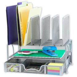 SimpleHouseware Mesh Desk Organizer with Sliding Drawer, Double Tray and 5 Upright Sections, Silver