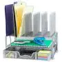 SimpleHouseware Mesh Desk Organizer with Sliding Drawer, Double Tray and 5 Upright Sections, Silver
