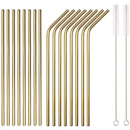 18 Piece Gold Stainless Steel Straws, 8.5  Reusable Drinking Straws,with Portable pouch,Suitable for wine and cold drinks (8 Straight/8 Bent/2 Brushes)