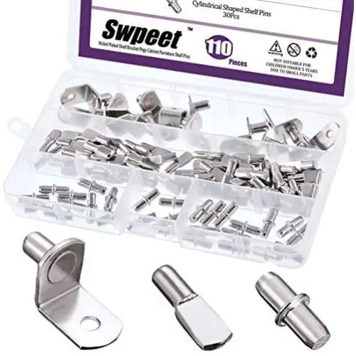 Swpeet 110Pcs 3 Styles Shelf Pins Assortment Kit, Top Quality Nickel Plated Shelf Bracket Pegs Cabinet Furniture Shelf Pins Support for Shelf Holes on Cabinets, Entertainment Centers