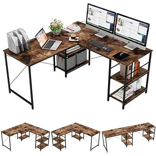 Bestier L-Shaped Desk with Storage Shelves, Adjustable 95.2'' 2 Person Desk Modern Industrial Corner Computer Desk, Large L Desk for Home Office Student Writing Gaming Workstation, Rustic Brown