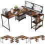 Bestier L-Shaped Desk with Storage Shelves, Adjustable 95.2'' 2 Person Desk Modern Industrial Corner Computer Desk, Large L Desk for Home Office Student Writing Gaming Workstation, Rustic Brown