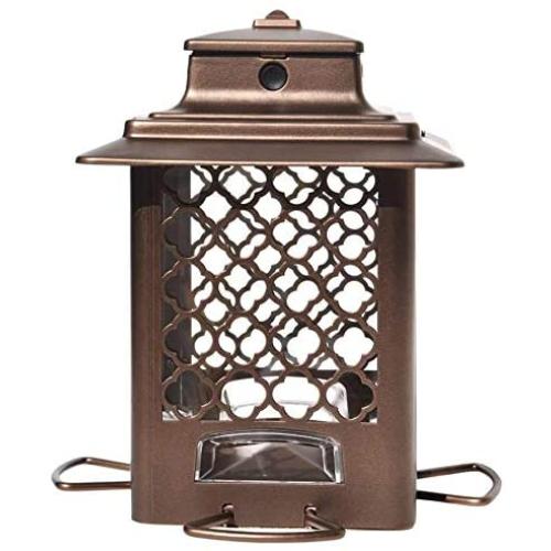 More Birds 105IN, 3.6 lb Seed Capacity, Copper Finish Stokes Select, Metal Hopper Feeder, 4 Feeding Ports