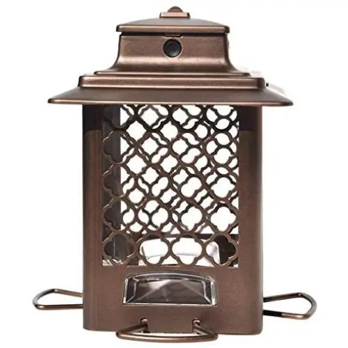 More Birds 105IN, 3.6 lb Seed Capacity, Copper Finish Stokes Select, Metal Hopper Feeder, 4 Feeding Ports