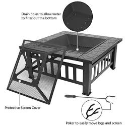 FCH 32'' Metal Fire Pit Outdoor Backyard Patio Garden Square Stove Brazier with Charcoal Rack, Poker & Mesh Cover 32'' L x 32'' W x 17'' H