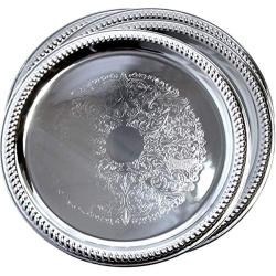 Maro Megastore (Pack of 4) 14-Inch Traditional Round Floral Pattern Engraved Catering Chrome Plated Serving Tray Mirror Plate Silver Metal Platter Tableware Wedding Birthday (Extra Large) T139-14-4pk