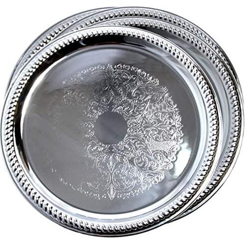 Maro Megastore (Pack of 4) 14-Inch Traditional Round Floral Pattern Engraved Catering Chrome Plated Serving Tray Mirror Plate Silver Metal Platter Tableware Wedding Birthday (Extra Large) T139-14-4pk