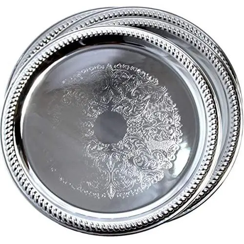 Maro Megastore (Pack of 4) 14-Inch Traditional Round Floral Pattern Engraved Catering Chrome Plated Serving Tray Mirror Plate Silver Metal Platter Tableware Wedding Birthday (Extra Large) T139-14-4pk