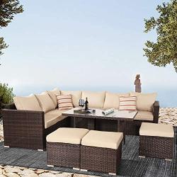 Outime 7 PCS Patio Furniture Outdoor Sectional Sofa，All Weather PE Brown Rattan Wicker Conversation Set with Khaki Cushion and Glass Table Top