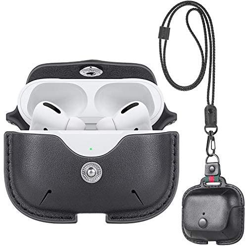 Leather Case for Airpods Pro Case with Leather Neck Lanyard Keychain, UTOPER Full Protective Portable Cover for Airpods Pro 3 Generation 2019 Shockproof Support Wireless Charging Case(Black)