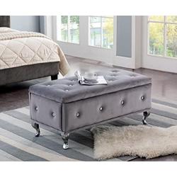 Kings Brand Furniture Gray Velvet Tufted Design Upholstered Storage Bench Ottoman