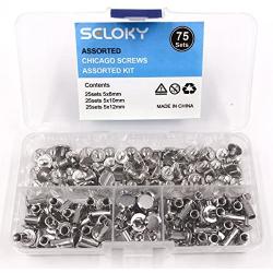 Seloky 75 Sets Silvery Chicago Screws Assorted Kit 1/4 3/8 1/2 Inches Screw Posts Metal Accessories Nail Rivet Chicago Button for DIY Leather Decoration Bookbinding Round Flat Head Stud Screw