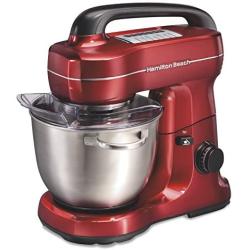 Hamilton Beach Electric Stand Mixer, 4 Quarts, Dough Hook, Flat Beater Attachments, Splash Guard 7 Speeds with Whisk, Red