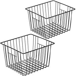 SANNO Wire Storage Basket,2 Pack Metal Household Storage Organizer Bin for Pantry, Shelf, Freezer, Kitchen Cabinet, Bathroom, Large Medium, Black