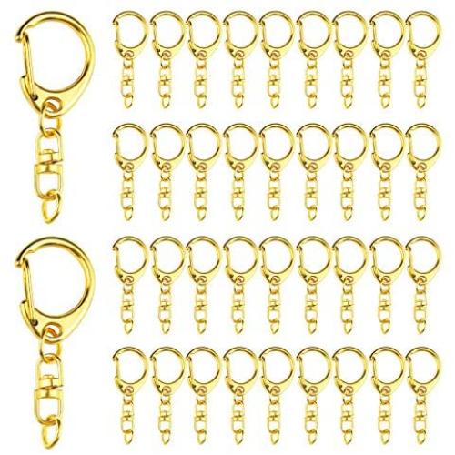 Lainrrew 80 Pcs Key Ring with Chain, Metal Gold D Snap Hook Split Keychain Ring Parts DIY Key Ring with Open Jump Ring and Connector (Gold)