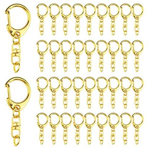 Lainrrew 80 Pcs Key Ring with Chain, Metal Gold D Snap Hook Split Keychain Ring Parts DIY Key Ring with Open Jump Ring and Connector (Gold)