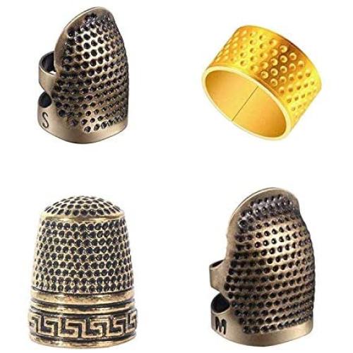 4 Pieces Sewing Thimble, Metal Copper Sewing Thimble Finger Protector Adjustable Finger Shield Ring Fingertip Thimble Sewing Quilting Craft Accessories DIY Sewing Tools