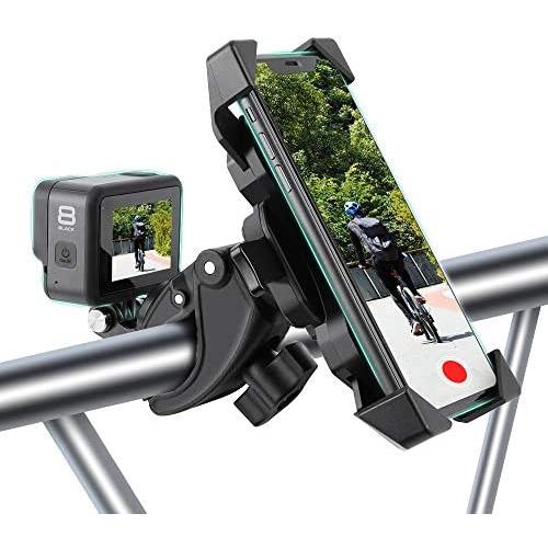 Bike Phone Mount, Adjustable Motorcycle Bicycle Phone Mount Bike Phone Holder, Compatible with Gopro Cameras, 360° Rotation Cradle Clamp for Any Smartphones GPS Other Devices Between 4 and 6.5 inches