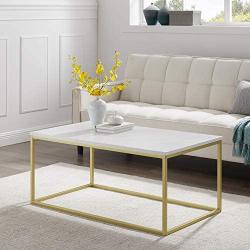 Walker Edison Modern Marble and Metal Frame Open Rectangle Coffee Accent Living Room Ottoman Table, 42 Inch, Marble & Gold