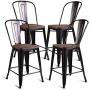 COSTWAY Tolix Style Dining Stools with Wood Seat and Backrest, Industrial Metal Counter Height Stool, Modern Kitchen Dining Bar Chairs Rustic, Copper