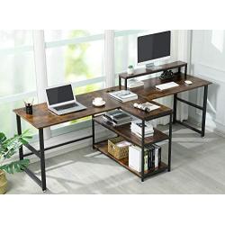 Sedeta 94.5 inches Two Person Desk, Double Computer Desk with Storage Shelves, Extra Long Workstation Desk with Monitor Stand, Power Strip with USB, Study Writing Desk for Home Office, Rustic Brown