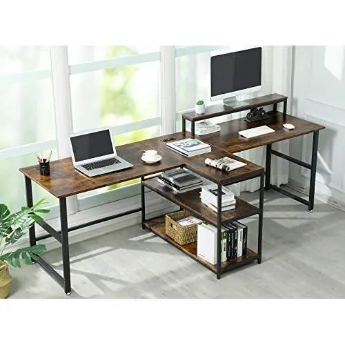 Sedeta 94.5 inches Two Person Desk, Double Computer Desk with Storage Shelves, Extra Long Workstation Desk with Monitor Stand, Power Strip with USB, Study Writing Desk for Home Office, Rustic Brown Sedeta 94.5 inches Two Person Desk, Double Computer Desk with Storage Shelves, Extra Long Workstation Desk with Monitor Stand, Power Strip with USB, Study Writing Desk for Home Office, Rustic Brown