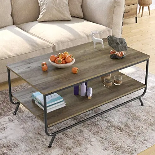 HOMECHO Industrial Coffee Table, 2-Tier Wood and Metal Rustic Cocktail Table with Storage Shelf, for Living Room Office, Easy Assembly, Brown 43 inch HOMECHO Industrial Coffee Table, 2-Tier Wood and Metal Rustic Cocktail Table with Storage Shelf, for Living Room Office, Easy Assembly, Brown 43 inch