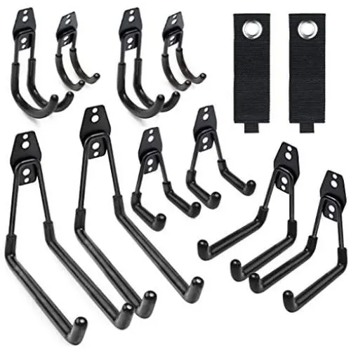 Garage Hooks, 12 Pack Wall Storage Hooks with 2 Extension Cord Storage Straps, Heavy Duty Tool Hangers for Utility Organizations, Wall Mount Holders for Garden Lawn Tools, Ladders, Bike (Black) Garage Hooks, 12 Pack Wall Storage Hooks with 2 Extension Cord Storage Straps, Heavy Duty Tool Hangers for Utility Organizations, Wall Mount Holders for Garden Lawn Tools, Ladders, Bike (Black)