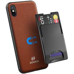 ZOVER iPhone Xs Max Magnetic Case with Detachable Card Holder Support Wireless Charging Car Mount Credit Cards Slot Genuine Leather Case Adhere to Anywhere Reusable Rectangular Metal Plates Dark Brown