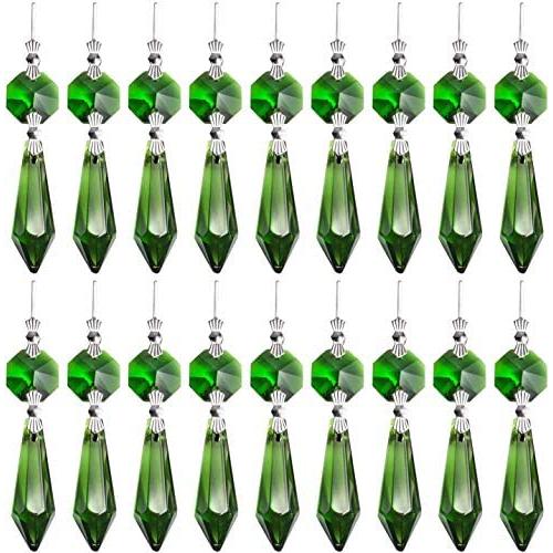 20 Pieces Chandelier Icicle Crystal U-Drop Prisms Lamp Parts Glass Pendants Beads for Wedding, Party or Holiday Decoration, 37mm, Green