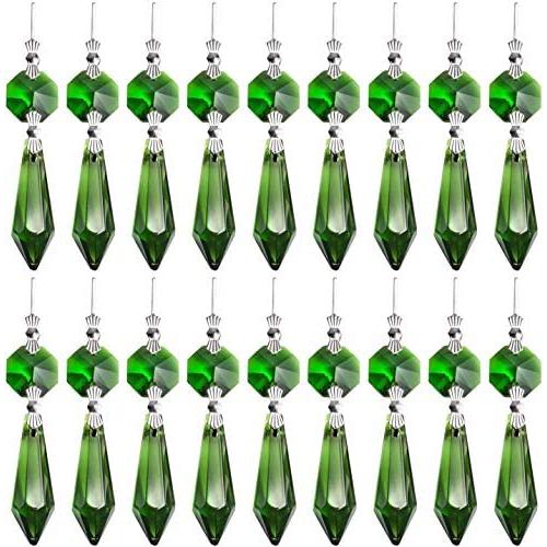 20 Pieces Chandelier Icicle Crystal U-Drop Prisms Lamp Parts Glass Pendants Beads for Wedding, Party or Holiday Decoration, 37mm, Green