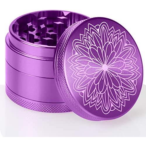 DCOU New Design Premium Aluminium Herb Grinder 2.2 Inches 4 Piece Metal Grinder with Pollen Catcher with Carved Flower