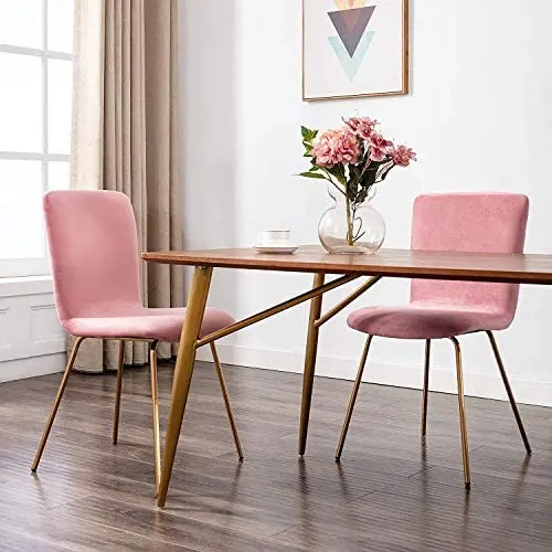 Art Leon Velvet Chairs, Mid Century Upholstered Kitchen Dining Chairs with Gold Metal Legs, Set of 2, Pink