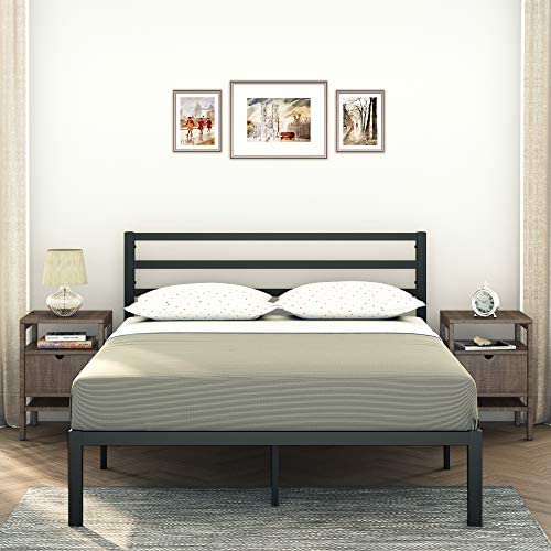 AMBEE21 – Modern Queen Platform Metal Bed Frame with Headboard: (14 inch) – Black Heavy Duty Iron Metal Bed Frame, Sturdy Mattress Support, Under Bed Storage, Steel Slat Support, No Box Spring Needed