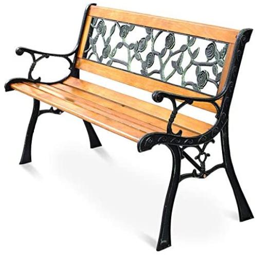 Giantex 50 Patio Park Garden Bench, Outdoor Furniture Rose Cast Iron Hardwood Frame Porch Loveseat for 2 Person Outdoor Clearance