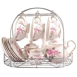 ufengke 15 Piece European Bone China Coffee Cup Set, Ceramic Porcelain Tea Cup Set with Metal Holder, Tea Gift Sets, Pink Camellia Painting