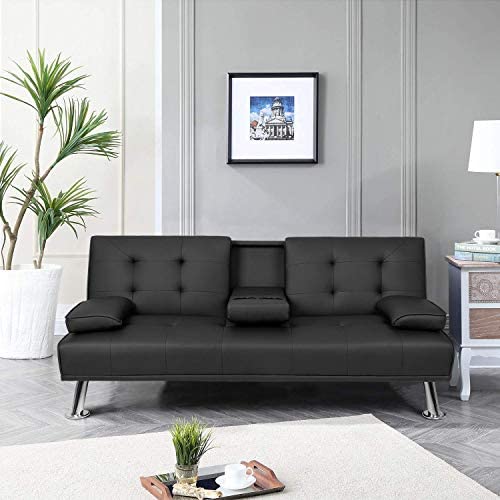 Pawnova Futon Sofa Bed, Modern Faux Leather Convertible Folding Lounge Couch for Living Room with 2 Cup Holders Removable Soft Armrest and Sturdy Metal Legs, Black